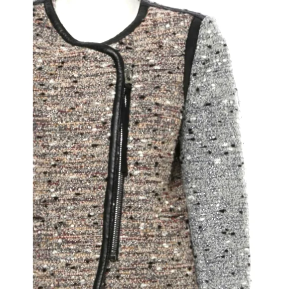 Sandro Tweed Boucle Leather Trim Collarless Moto Jacket - Picture 5 of 13